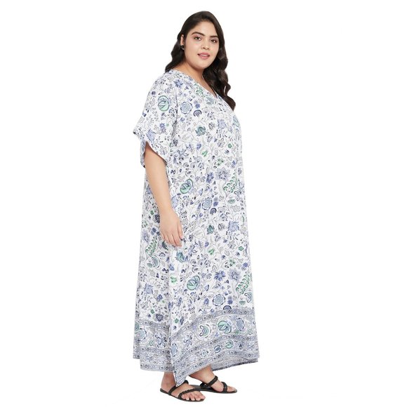 Women Plus Size Fit and Flare Floral Printed White Kaftan Dress by Gypsie Blu - Picture 5 of 9